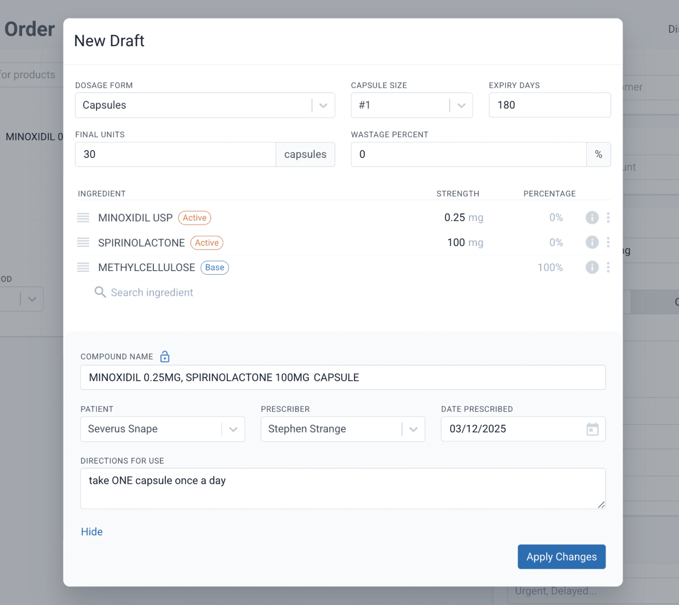 order draft modal