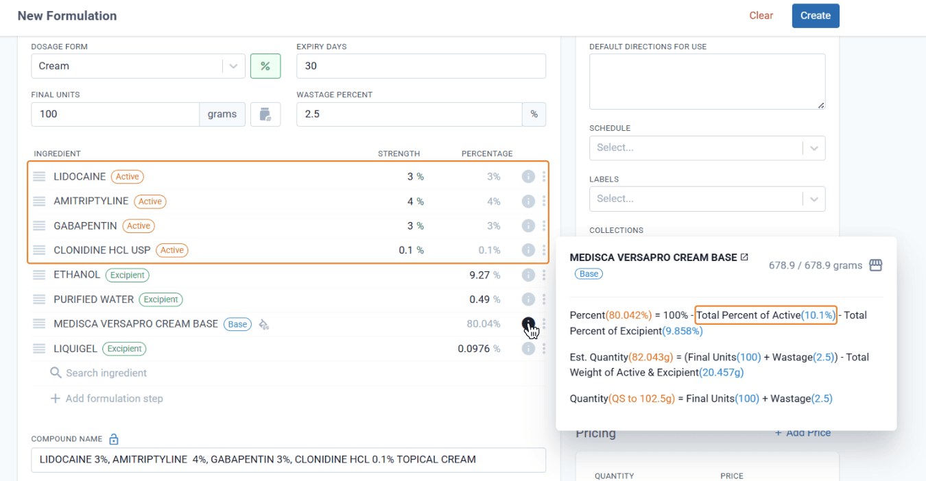 New formulation, highlighted actives. Medisca versapro cream base calculations