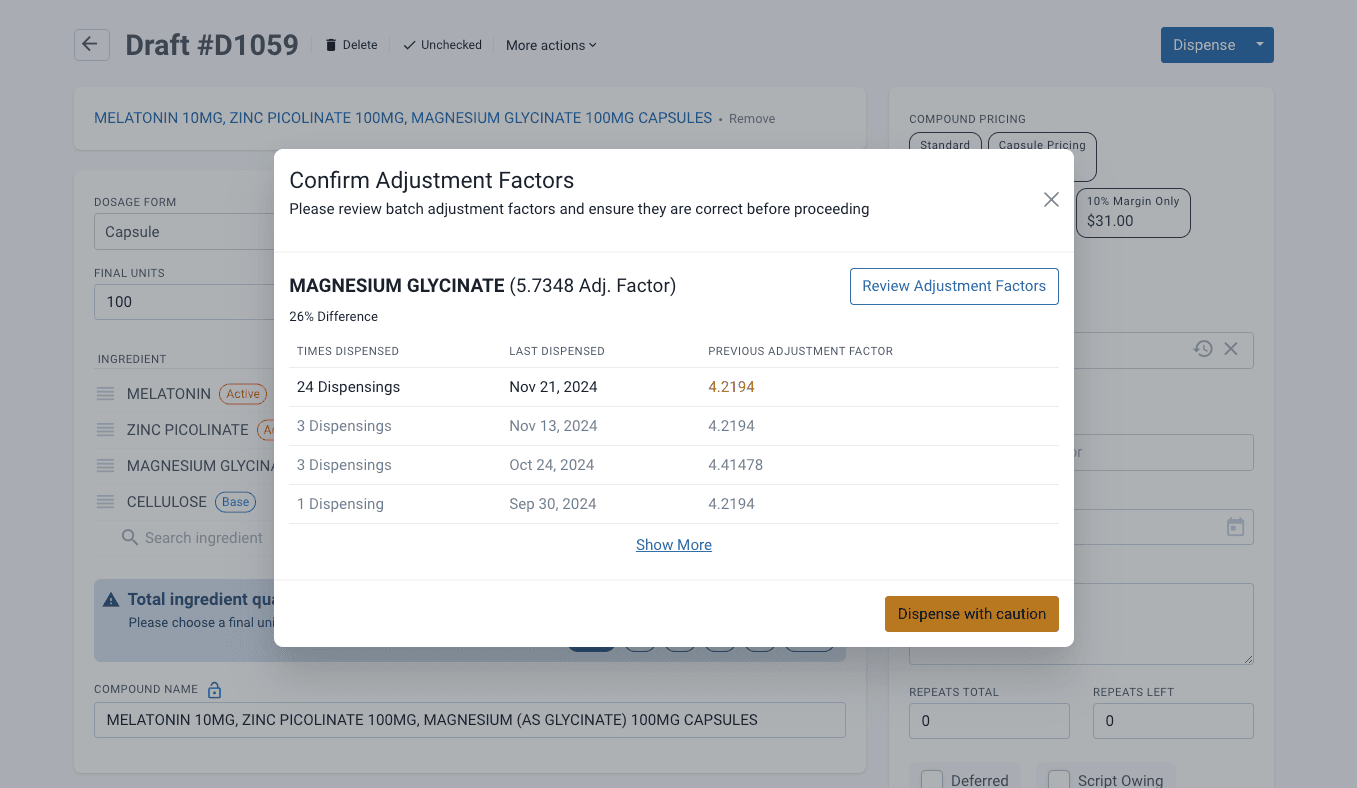 Confirm adjustment factors modal