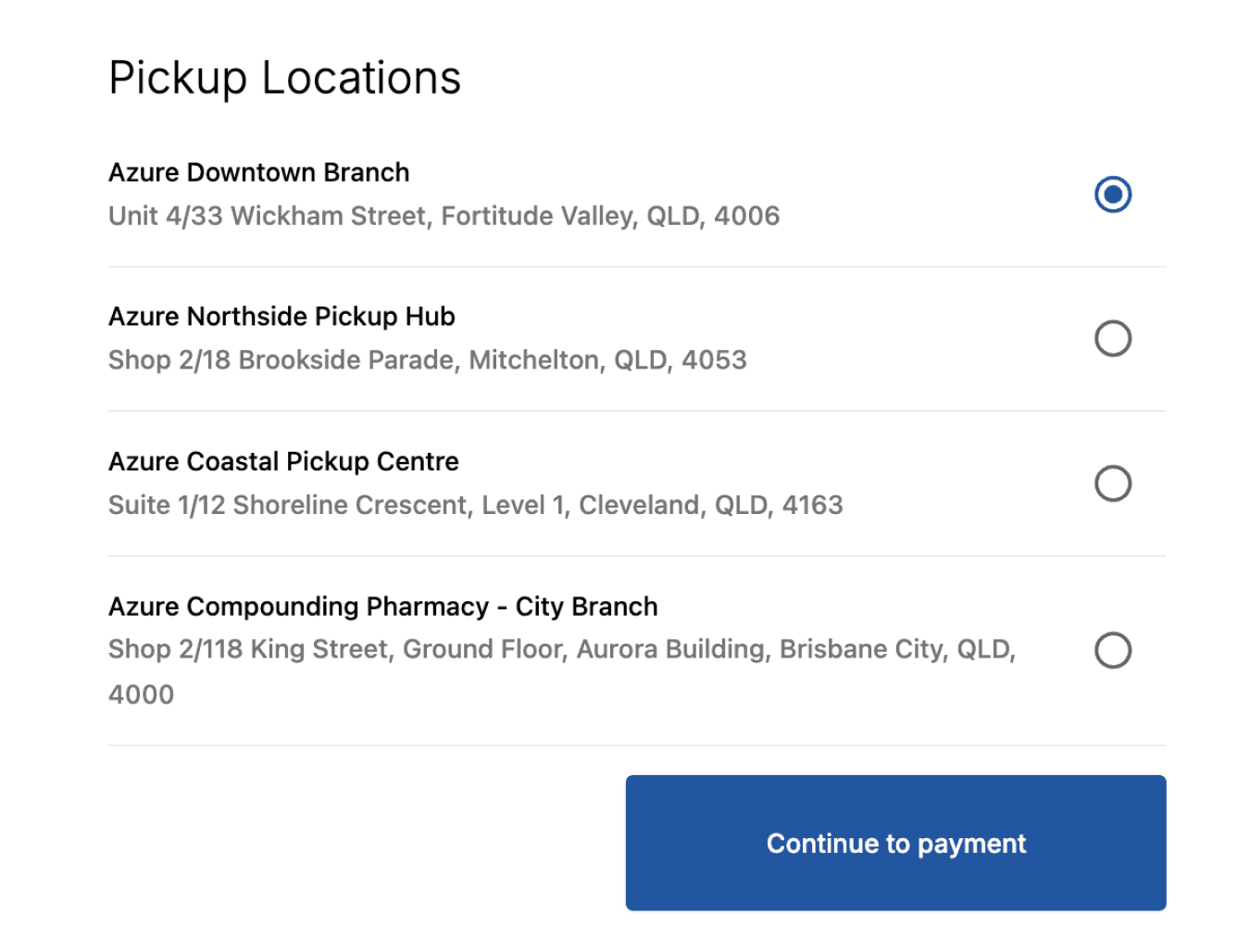pickup on checkout selection