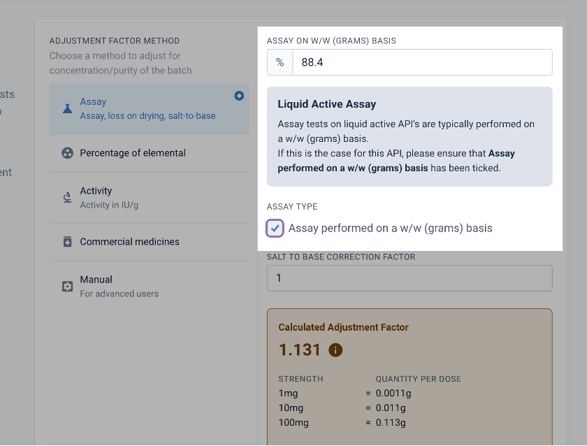 Adjustment factor, highlighted assay on anhydrous basis and ticked assay performed on w/w (grams) basis