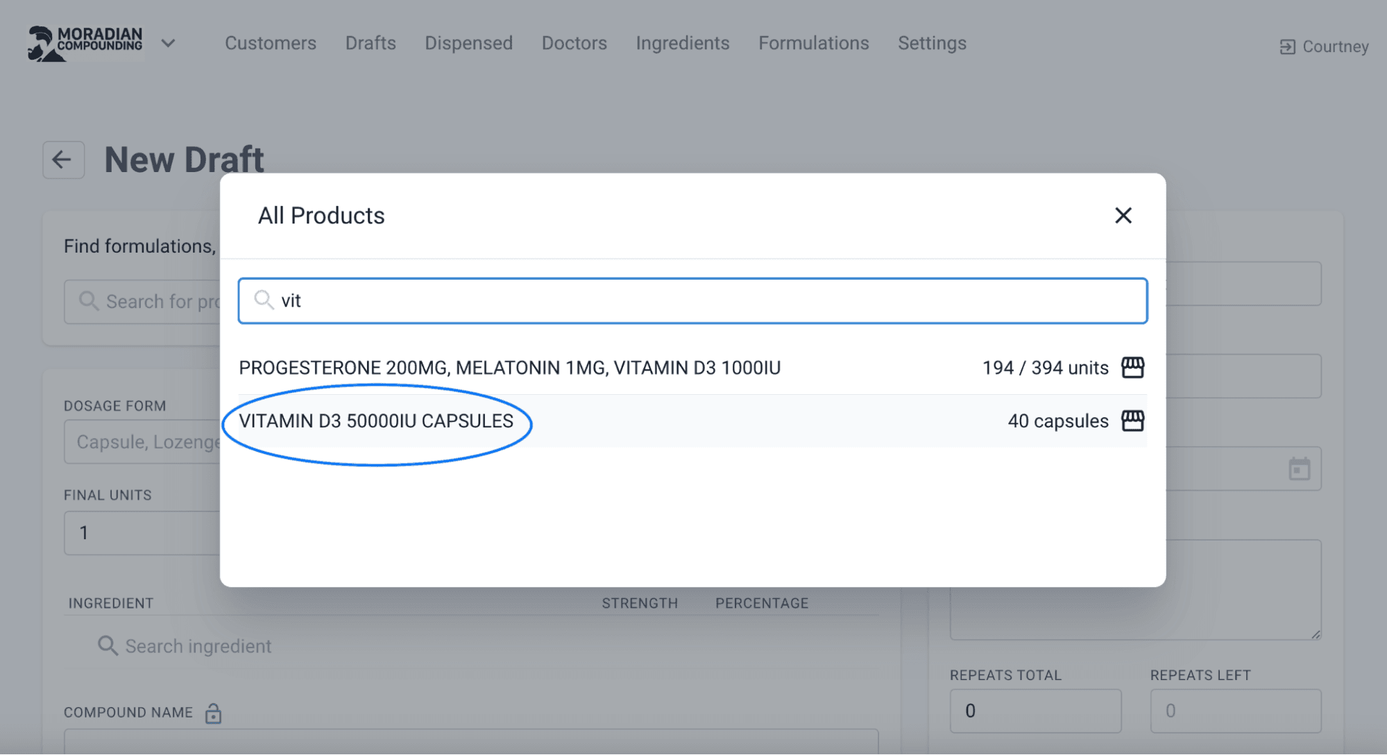 All products modal, highlighted vitamin D3 50000IU