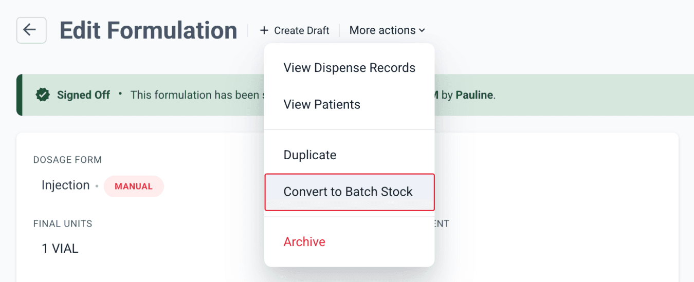 convert to batch stock