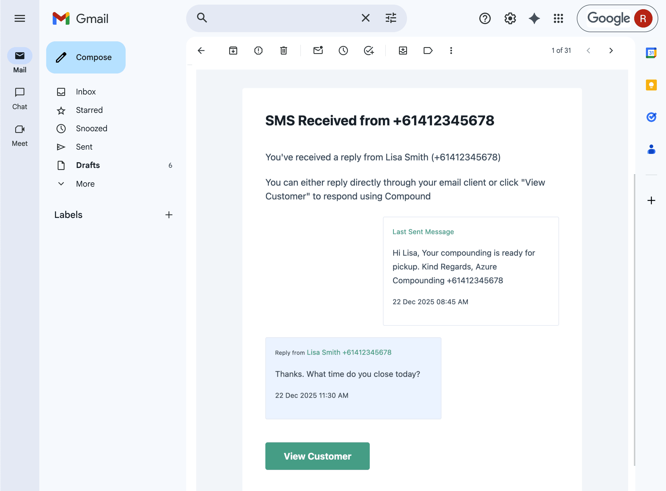 SMS received email perspective in Gmail
