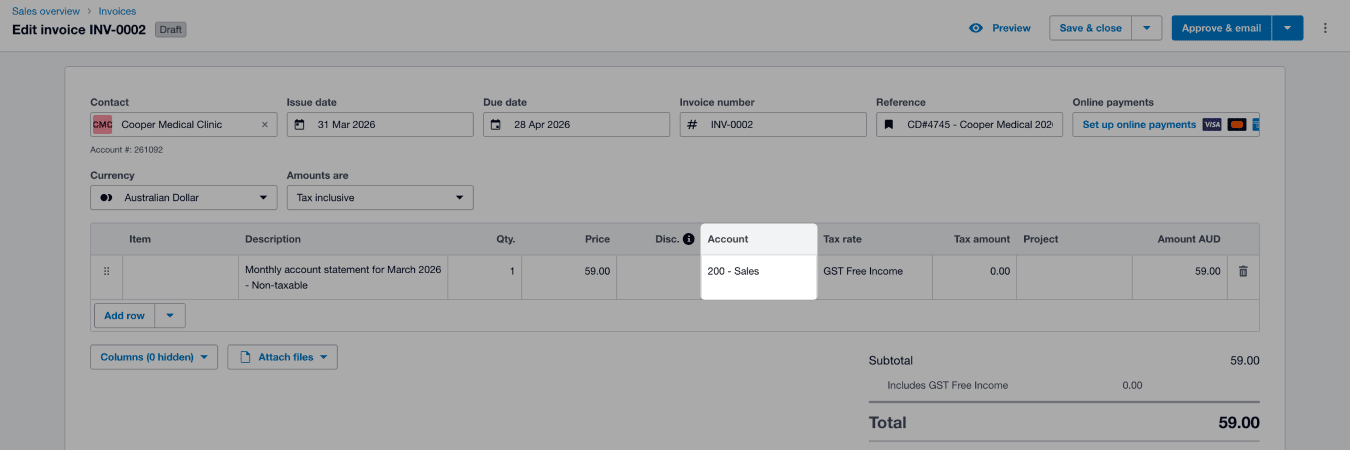 Xero website highlighted Account column '200-Sales'