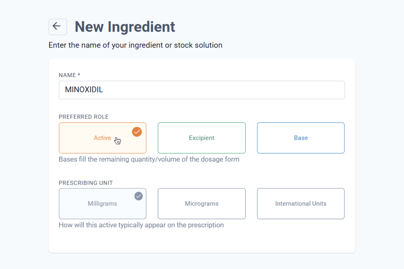 adding a new ingredient selecting a role
