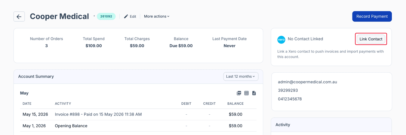Link Contact button highlighted on accounts page