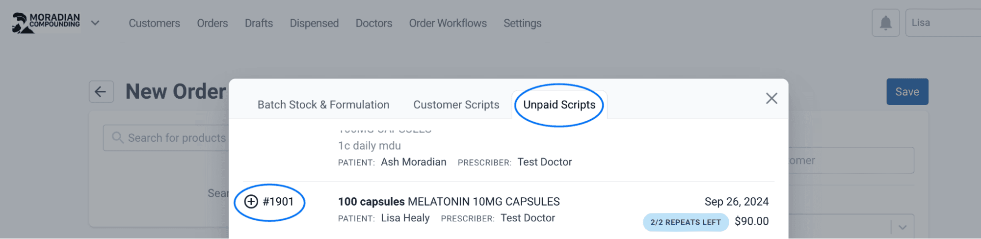 Unpaid scripts tab and order number highlighted