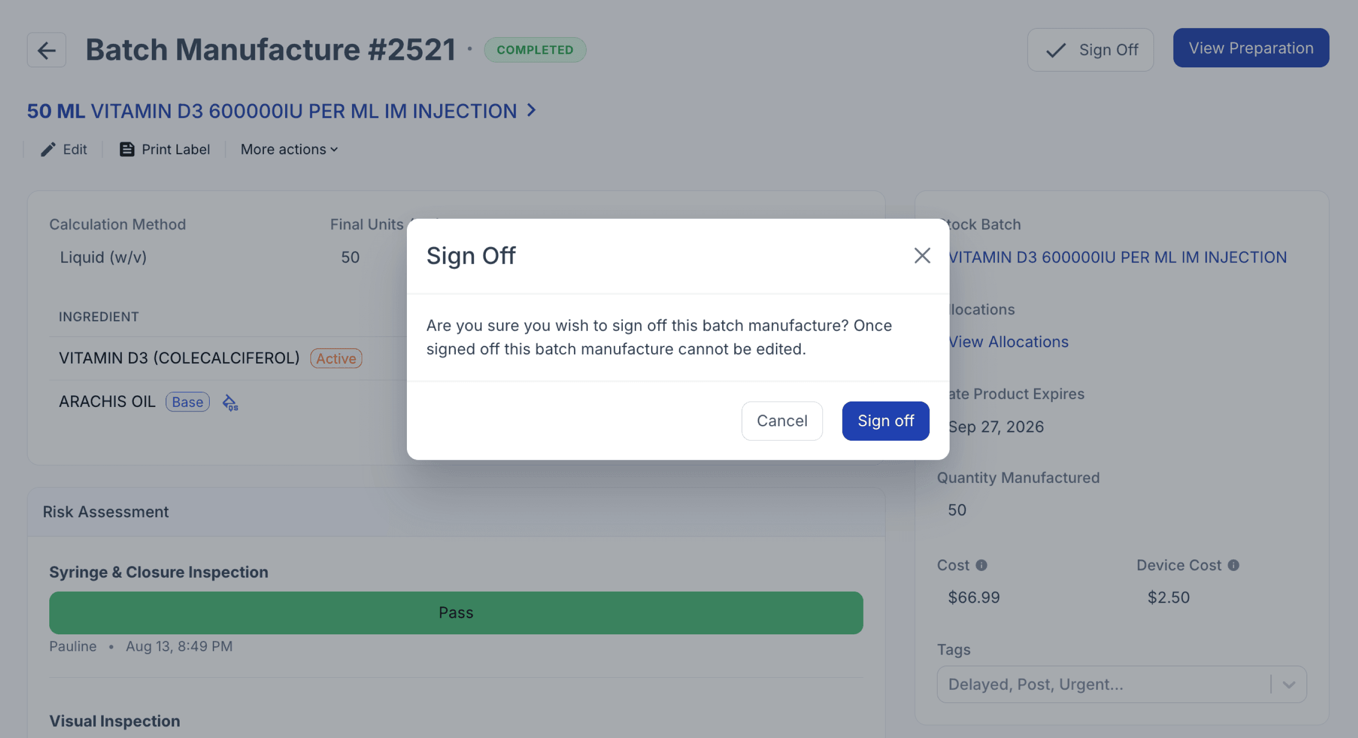 sign off batch manufacture record