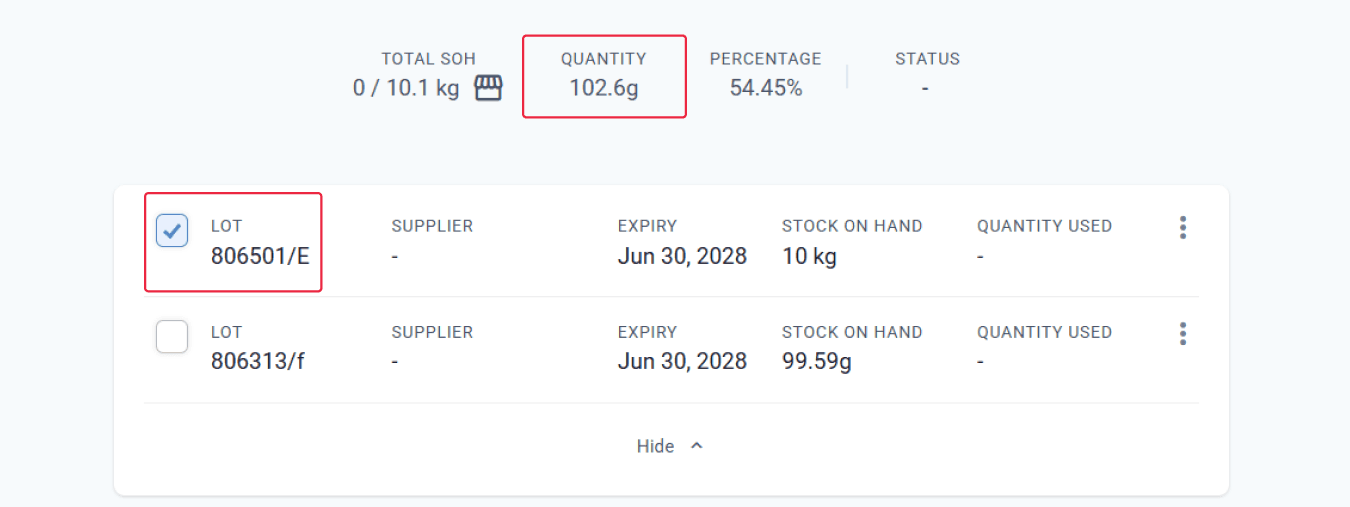 Quantity and first lot number highlighted in preparation page