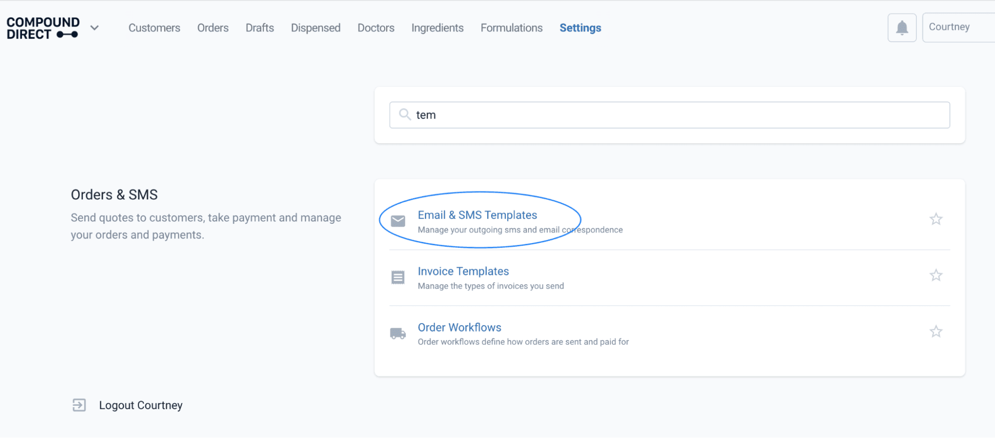 Email & SMS templates in settings