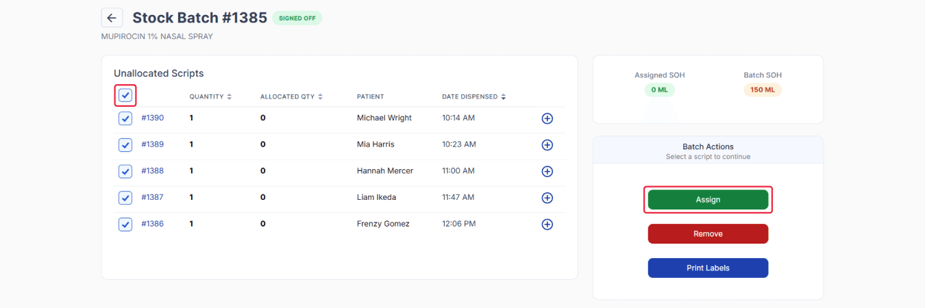 Stock Batch #1385 page, uppermost checkbox and assign highlighted