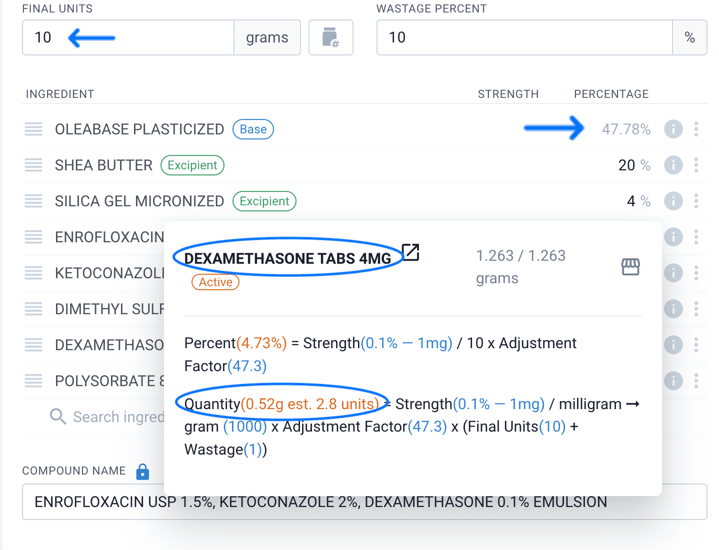 Dexamethasone tabs calculations with highlighted and pointed parts