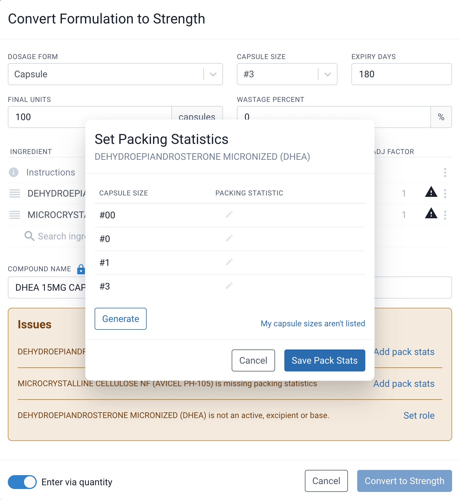 Set packing statistics modal from convert formulation to strength modal