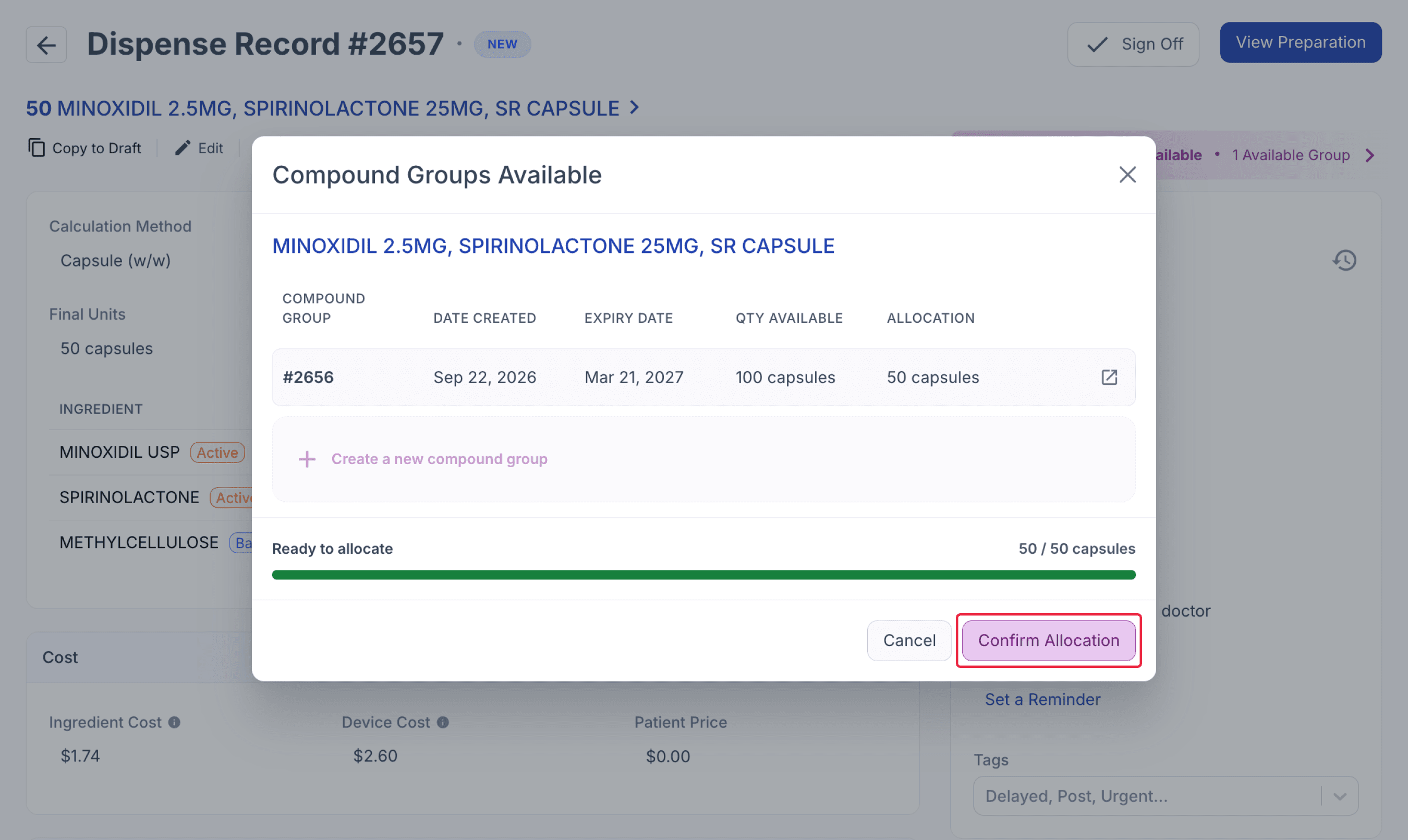 Compound groups available modal, highlighted allocate button