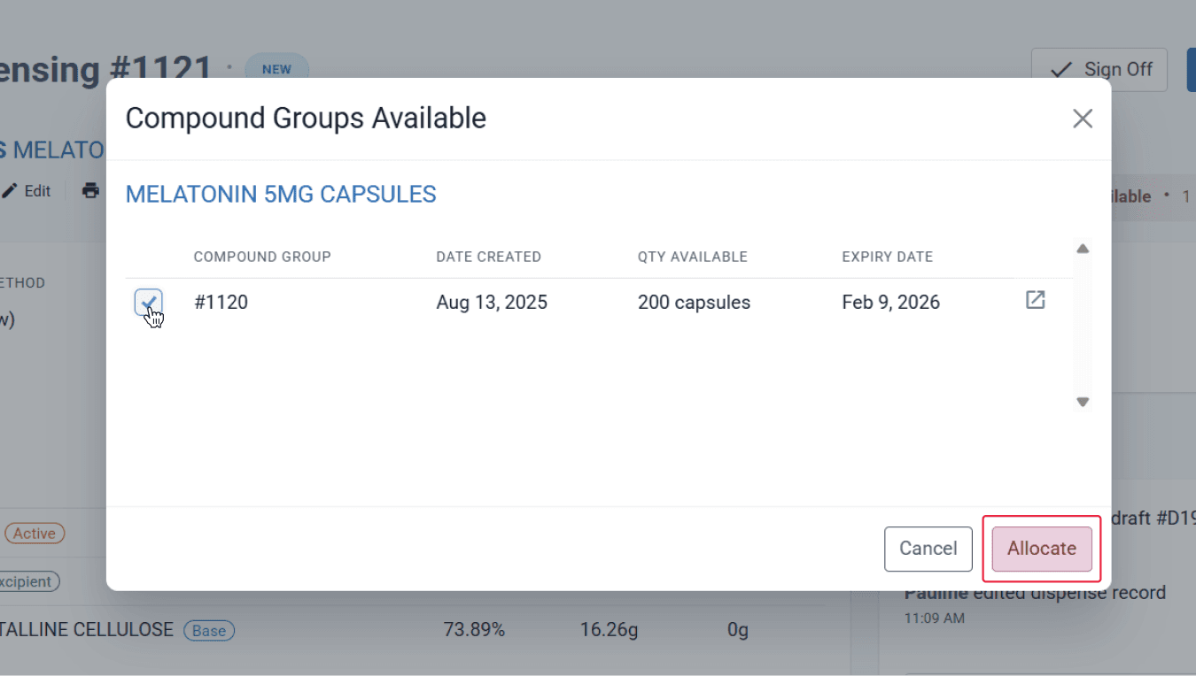 Compound groups available modal, highlighted allocate button