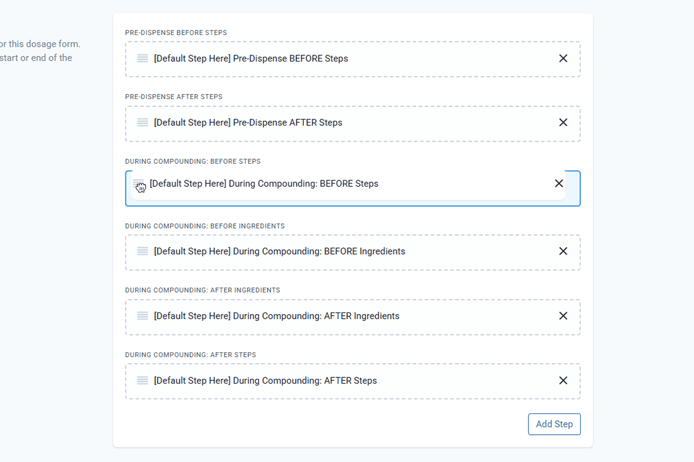 Default formulation steps