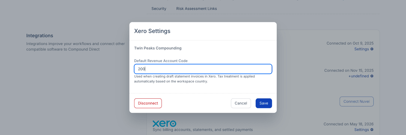 Xero Settings modal, 200 entered as default revenue code