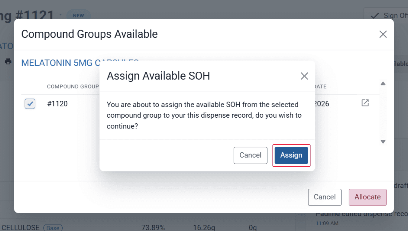 Assign available SOH modal, highlighted assign button