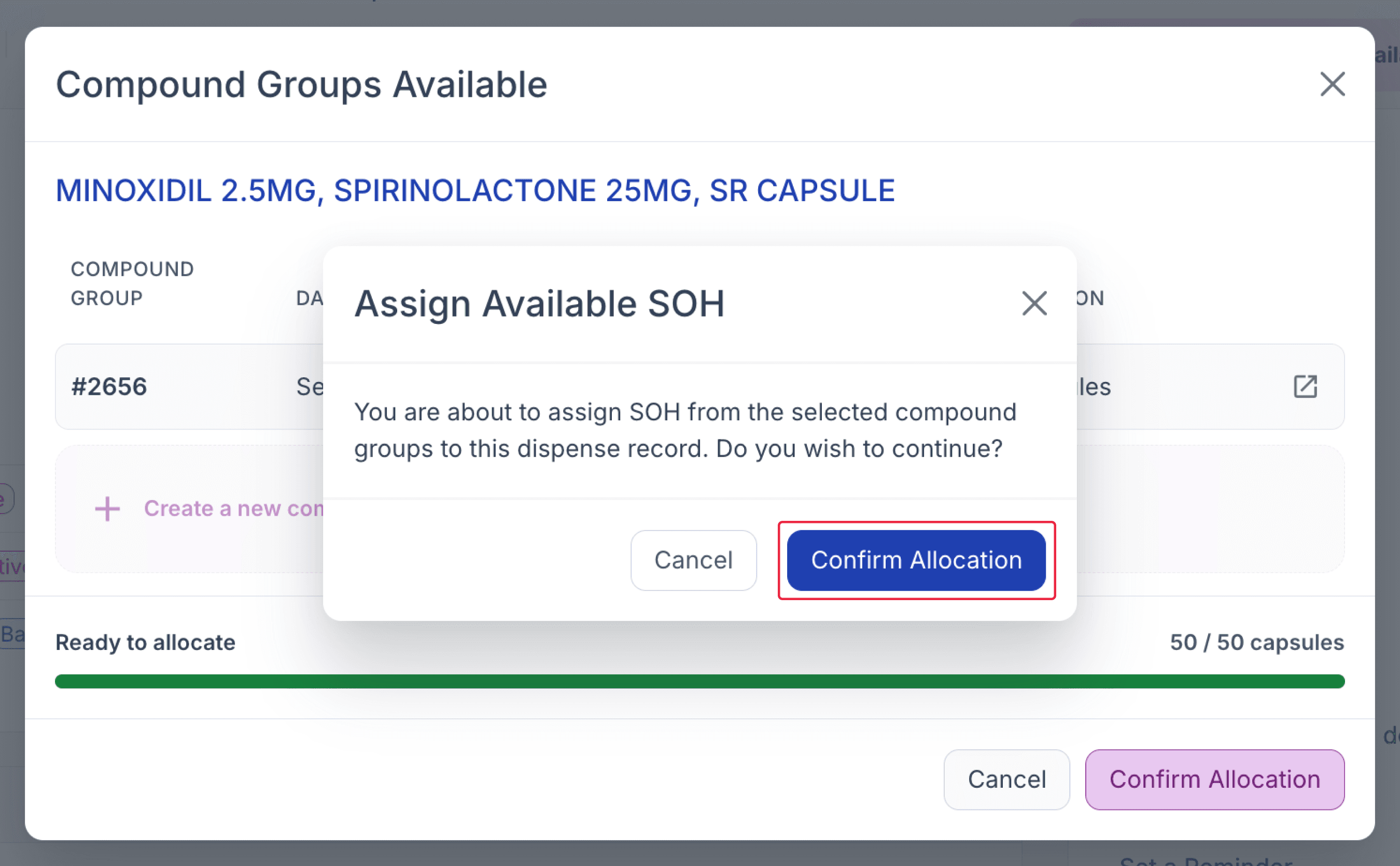 Assign available SOH modal, highlighted assign button