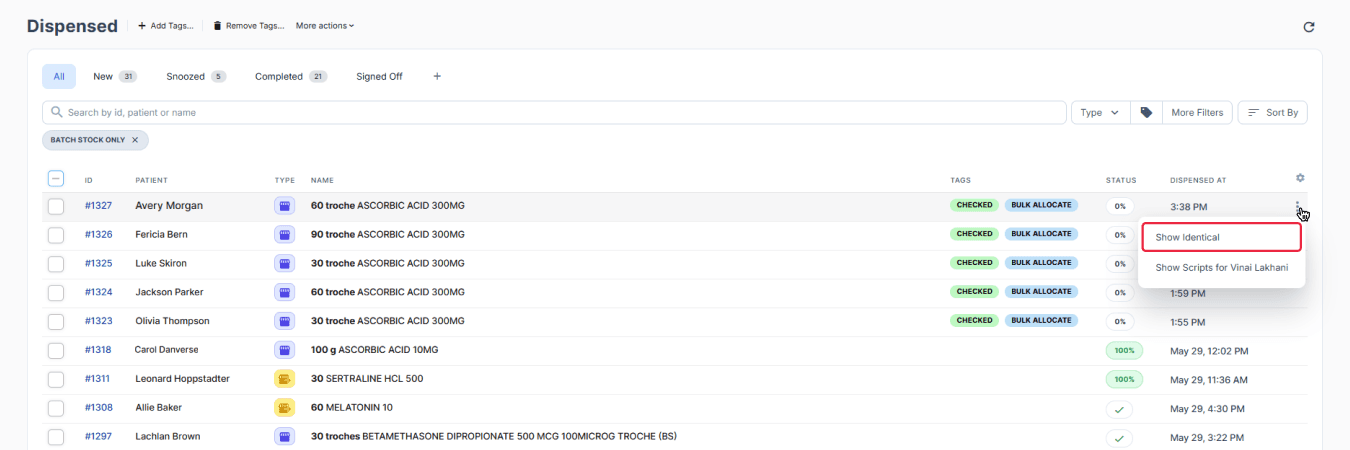 Dispensed dashboard, Show Identical option highlighted