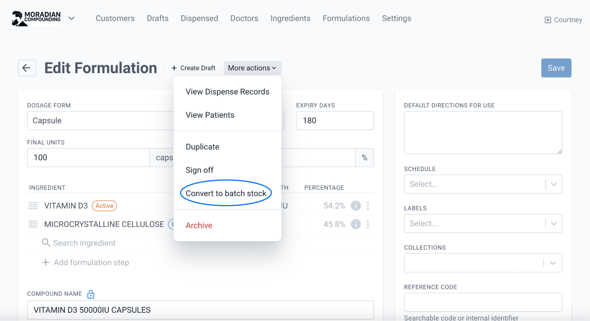 Edit formulation page, more actions, highlighted converted to batch stock