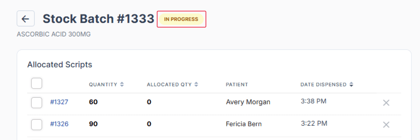 Stock Batch page, in progress badge highlighted