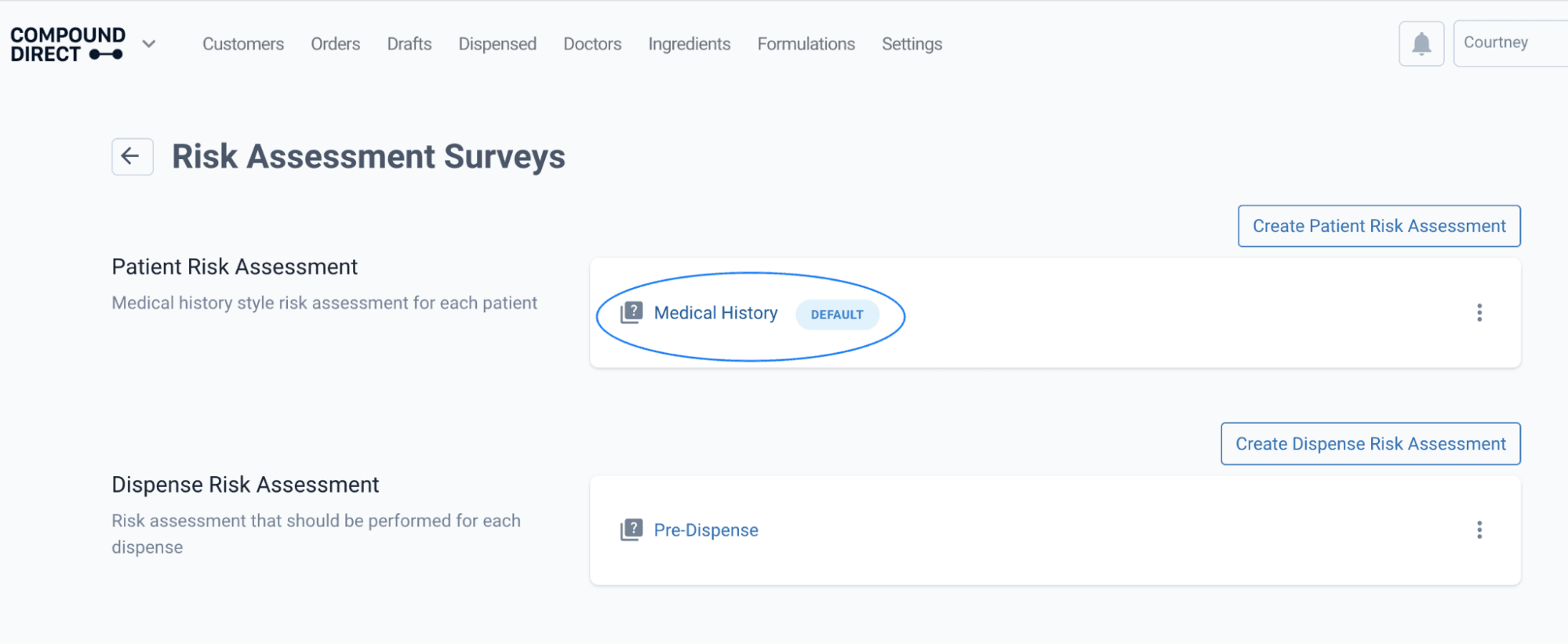 Risk assessment survey page, medical history highlighted