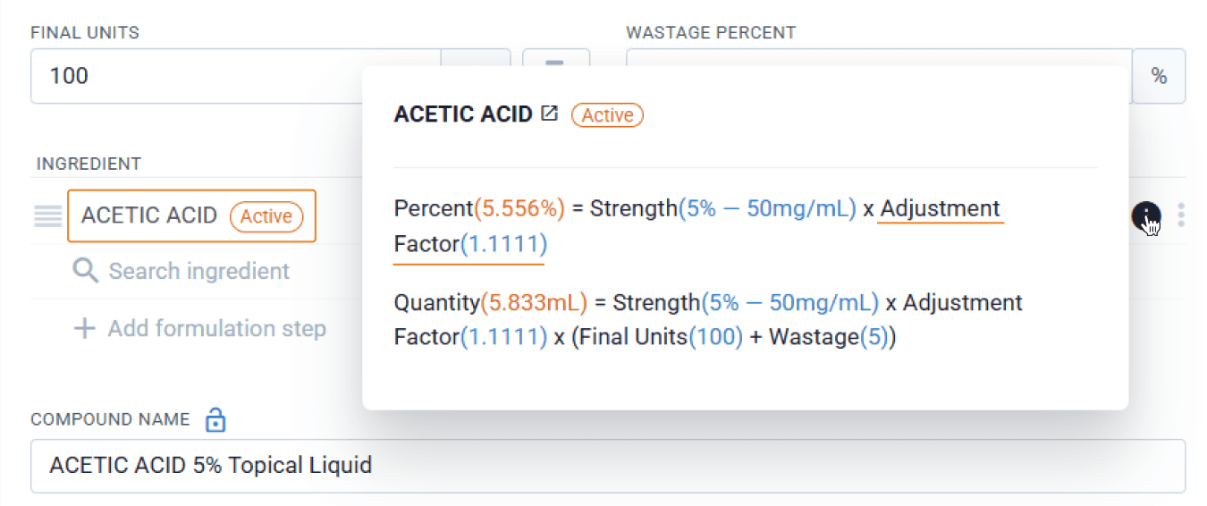 In this example, Acetic Acid has been entered into Compound Direct as an active with 90- elemental activity. Highlighted adjustment factor.