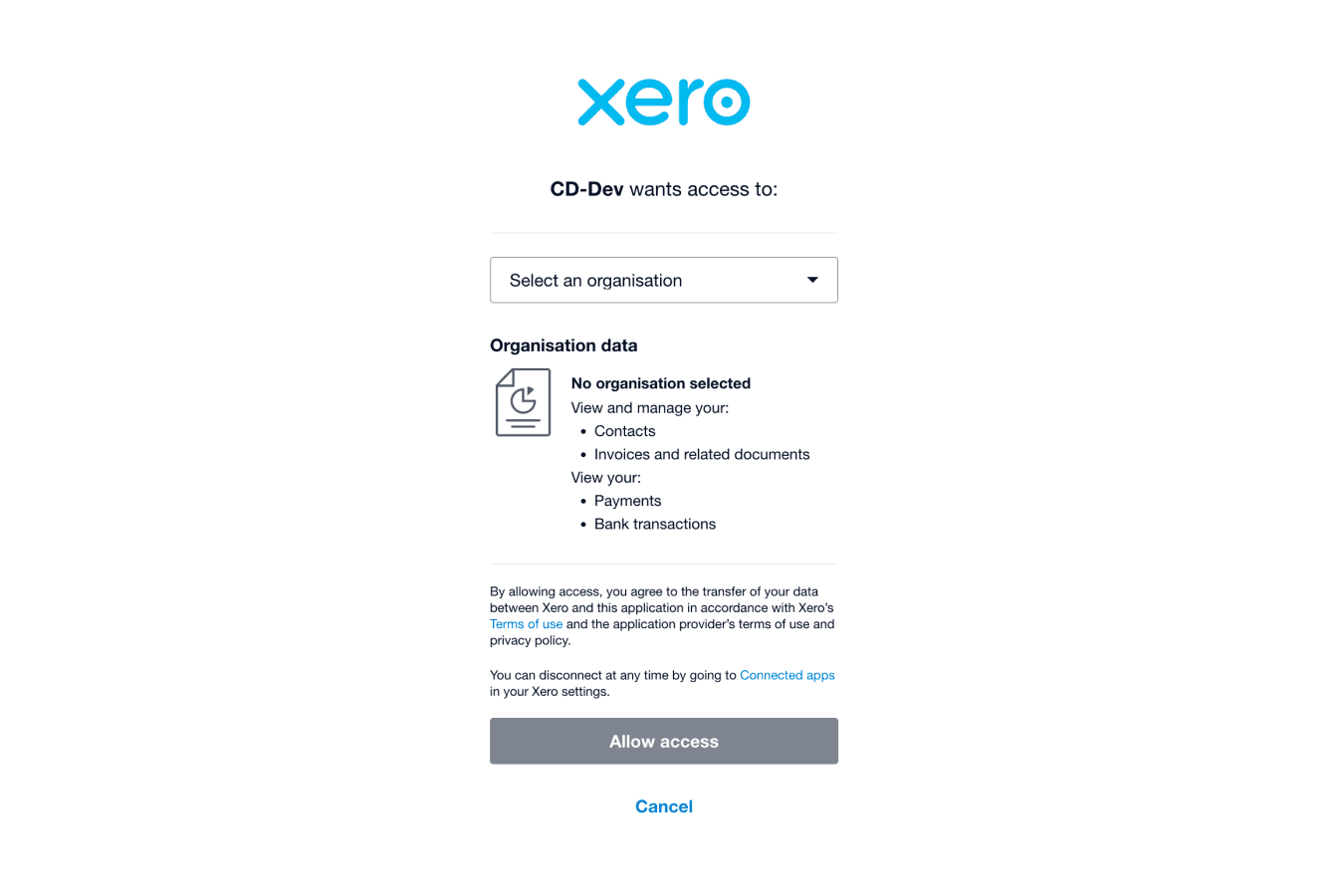 Select an organisation in Xero portal