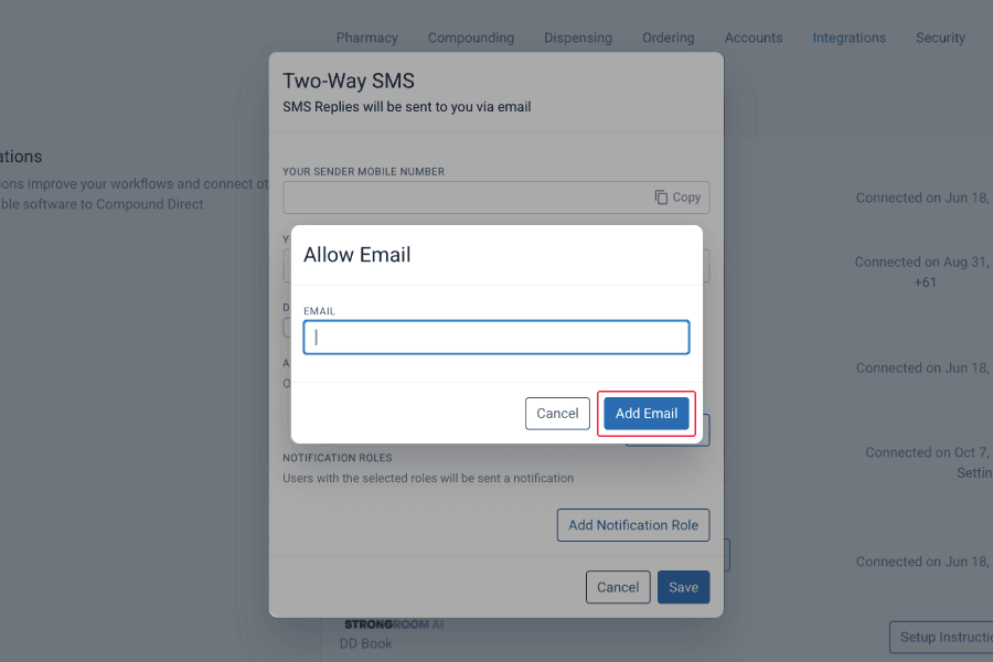 Allow email modal from two-way SMS modal and integrations section
