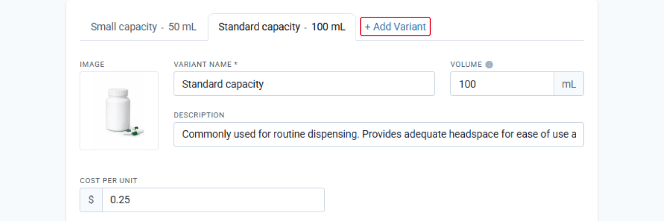 Highlighted: + Add Variant for HDPE white bottles