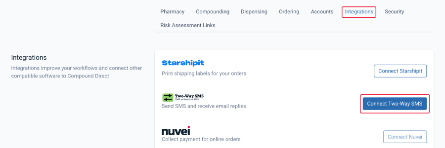 Your workspace page, integrations tab and section with highlighted connect two-way SMS button