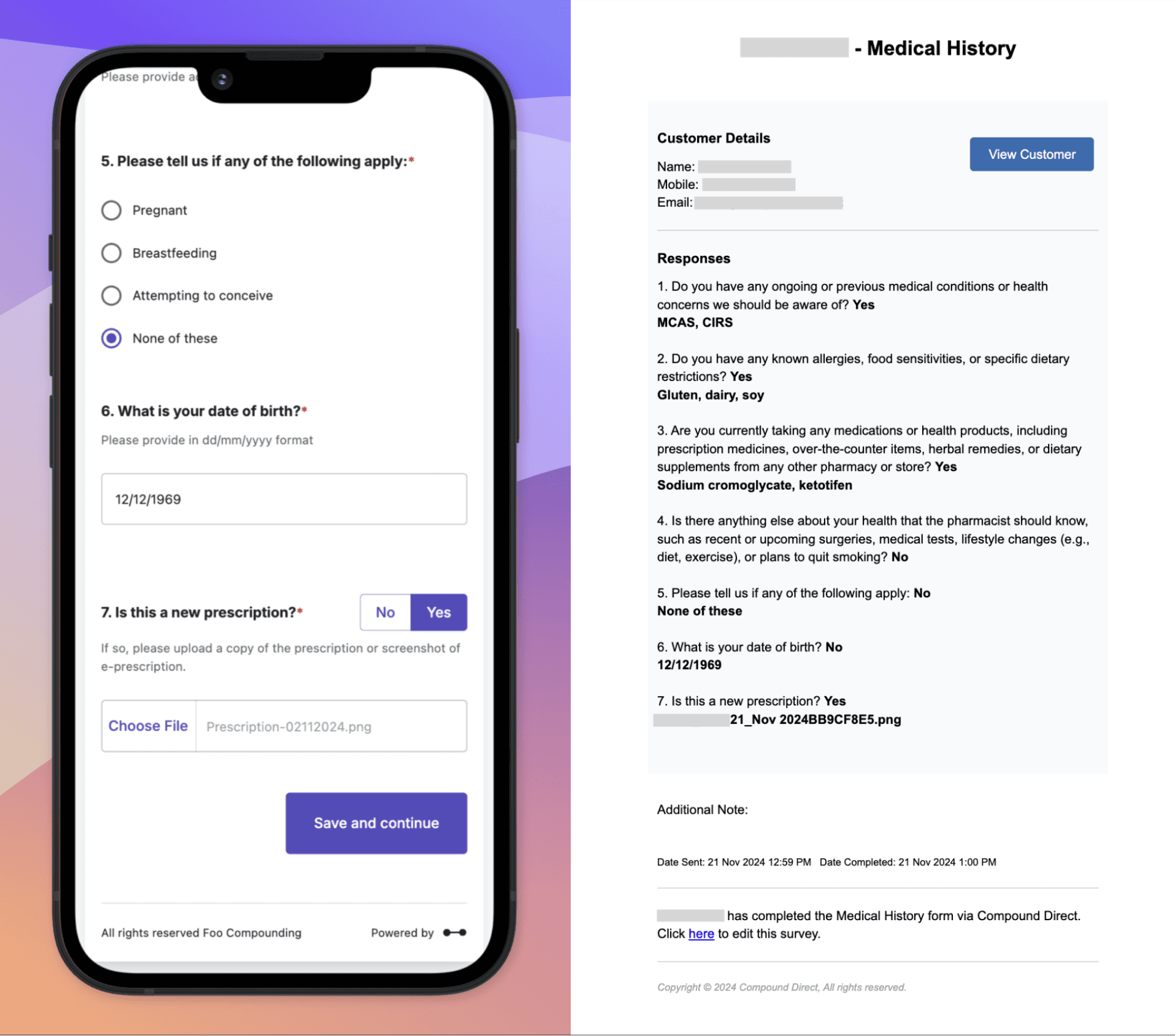 Medical history survey shown in a mobile phone