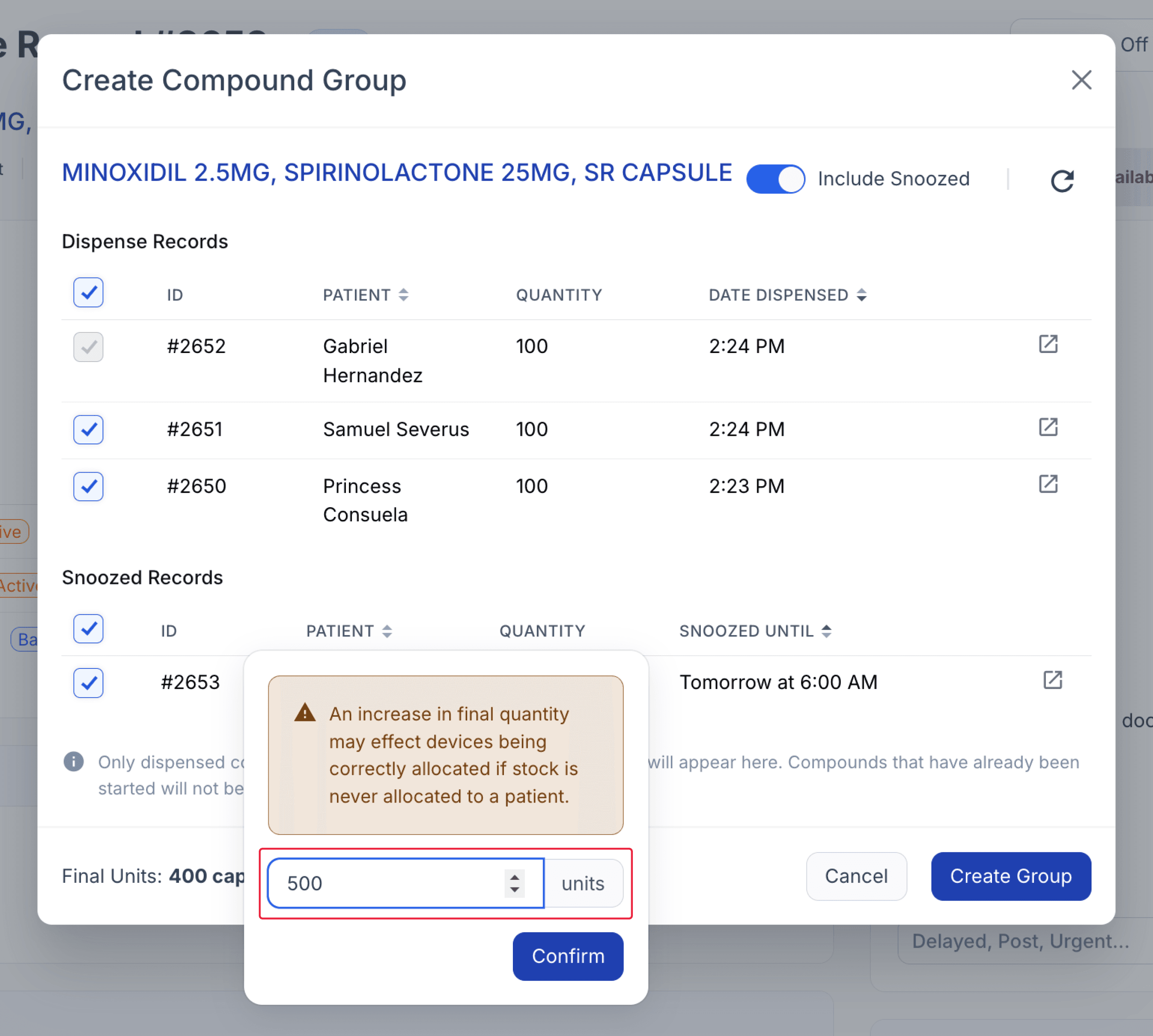 Create compound group modal, highlight edit final units