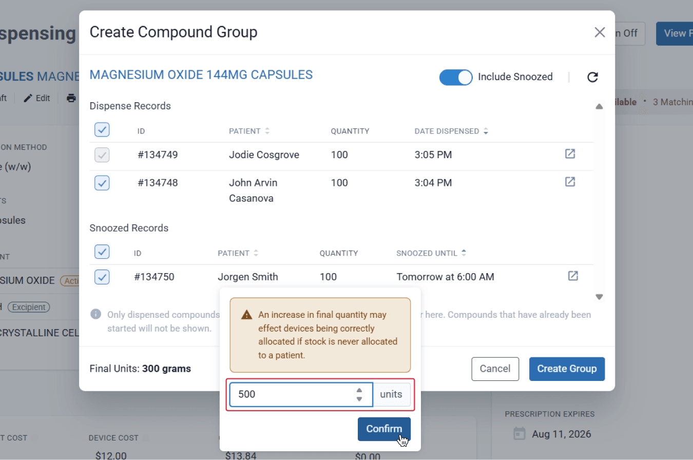 Create compound group modal, highlight edit final units