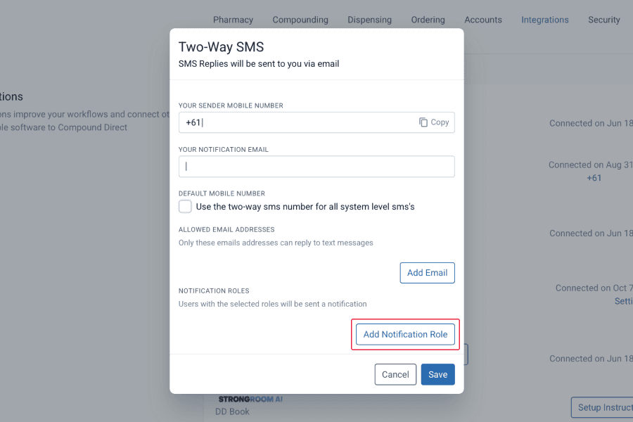 Two-way SMS modal, highlighted add notification role