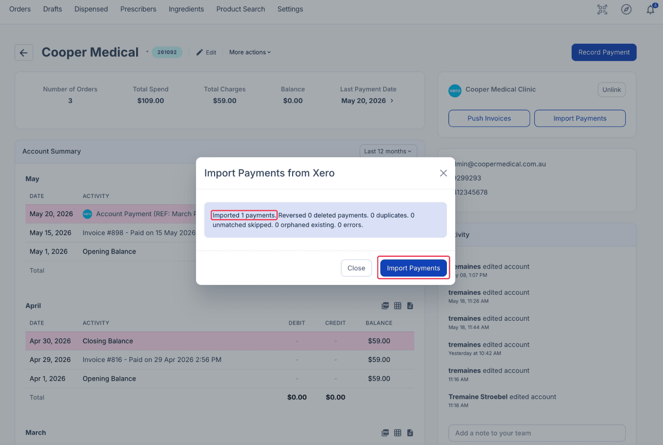 Imported payment result and import payments button highlighted on Import Payments from Xero modal