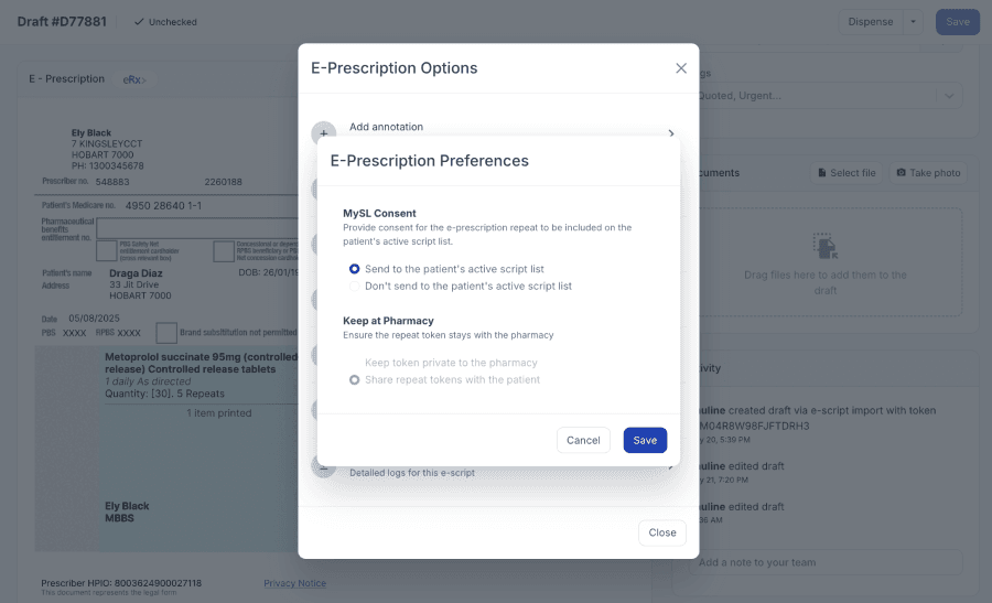 E-Prescription settings