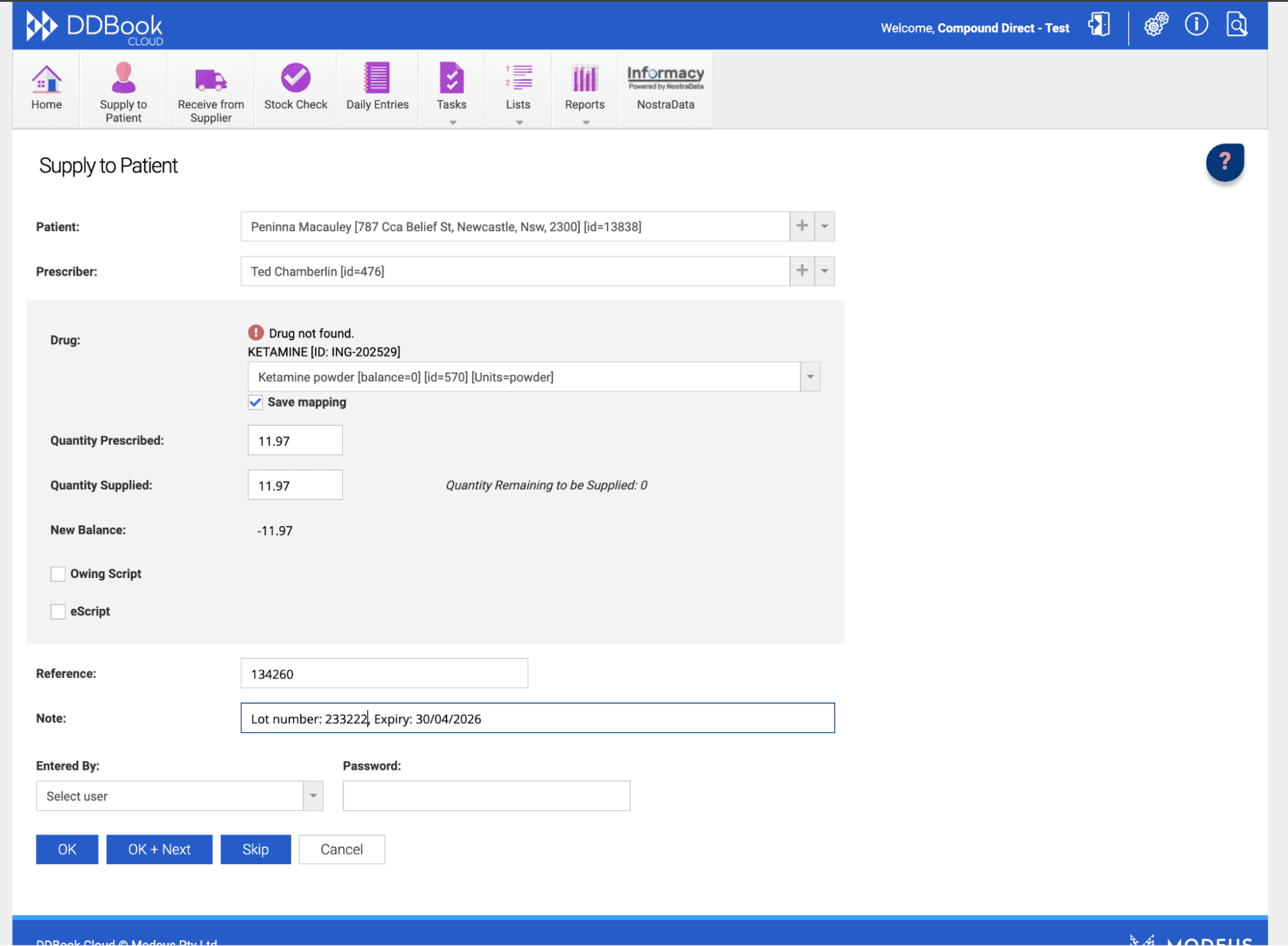 DDBook page, supply to patient tab, data entered in note section