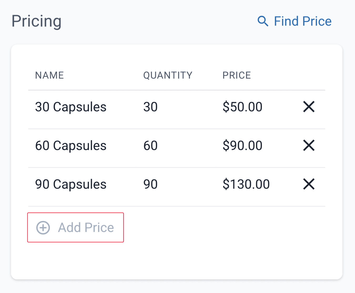 Pricing section with add price button highlighted