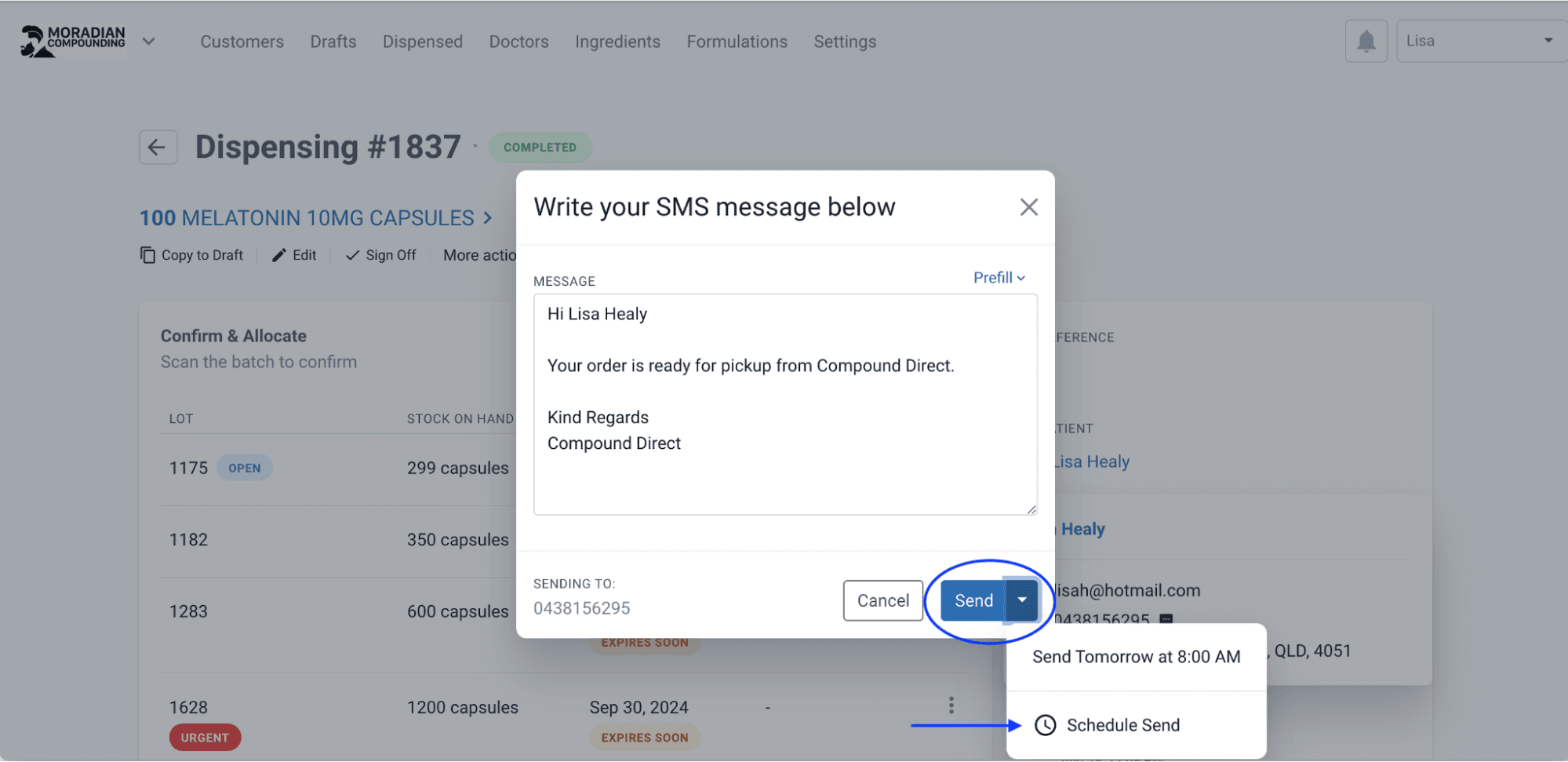 Write your SMS message below modal, highlighted send button, pointed scheduled send from dispensing #1837 page
