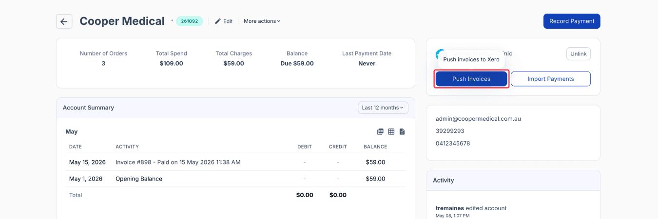 Push Invoices button highlighted on accounts page for Xero