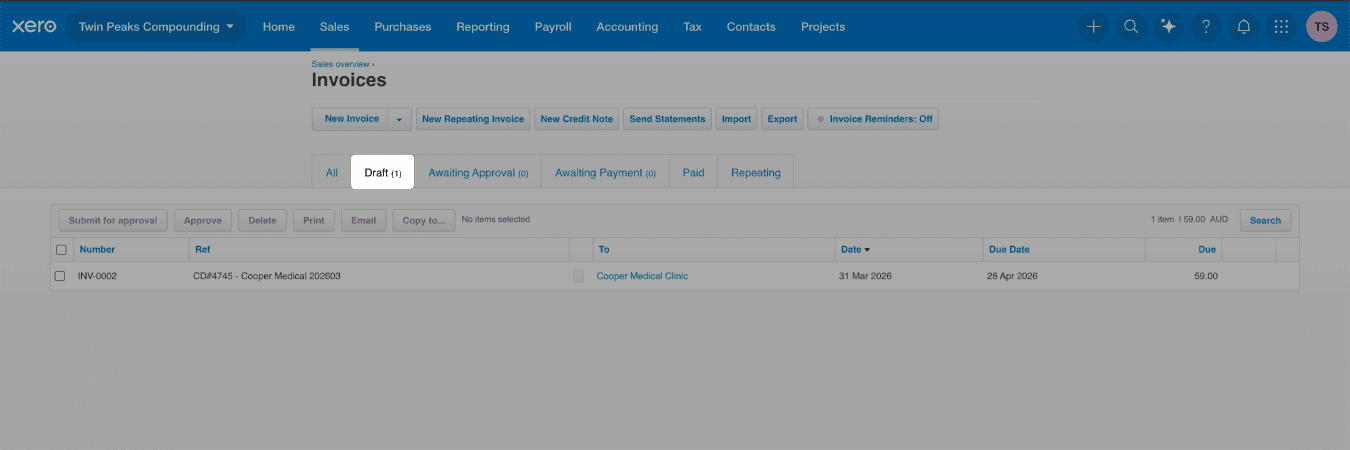Draft tab isolated in Xero website