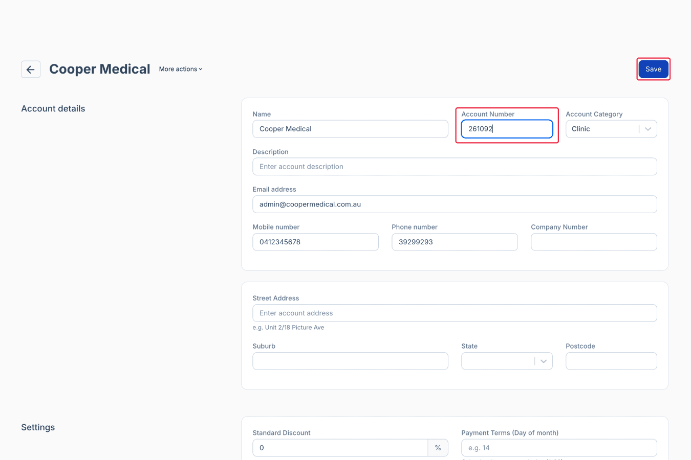 Account number highlighted in edit account page