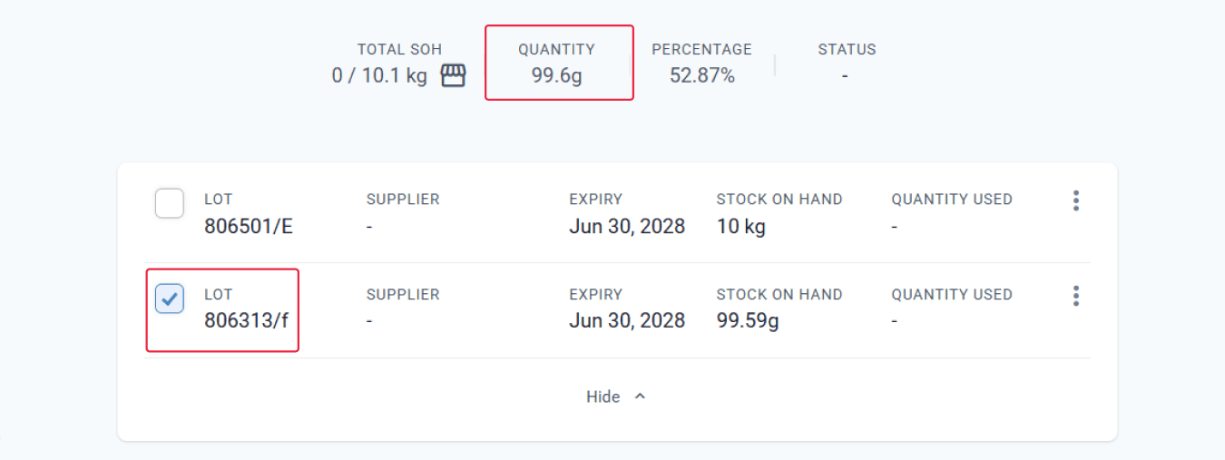 Quantity and second lot number highlighted in preparation page