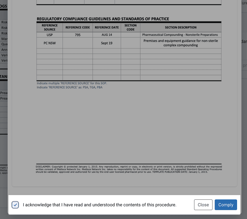 I acknowledge that I have read and understood the contents of this procedure close and comply buttons isolated