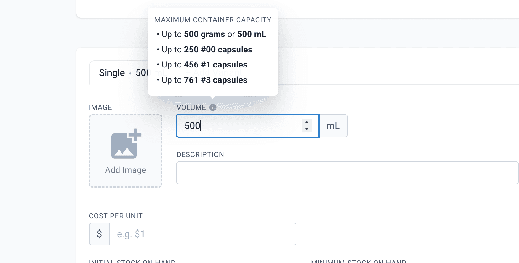 Maximum container capacity for 500 mL