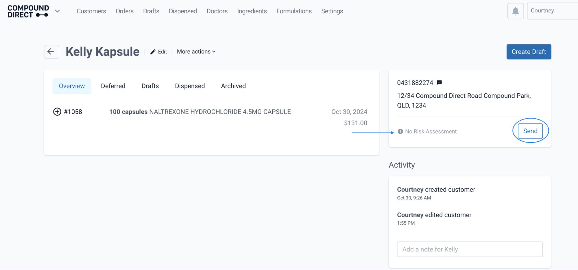 Customer page, pointed no risk assessment part, highlighted send button
