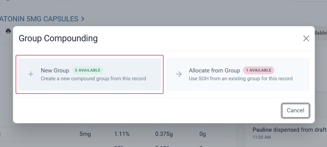 Group compounding modal, highlighted new group option